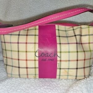Coach Cream and Pink Plaid Cosmetic Bag